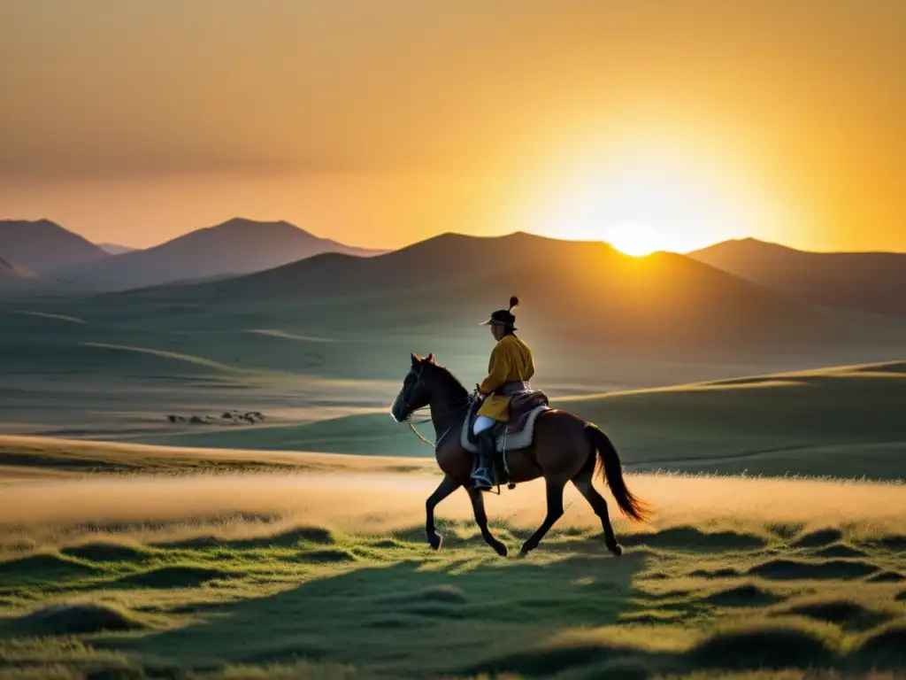 Un líder mongol en la estepa con su halcón, simbolizando la formación de líderes mongoles educación Khan