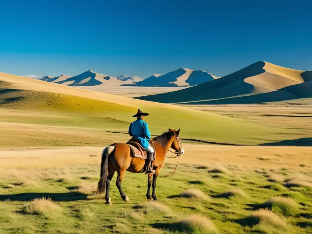 Un líder solitario en la vasta estepa mongola, reflejando las enseñanzas de Gengis Khan y su conexión con la naturaleza