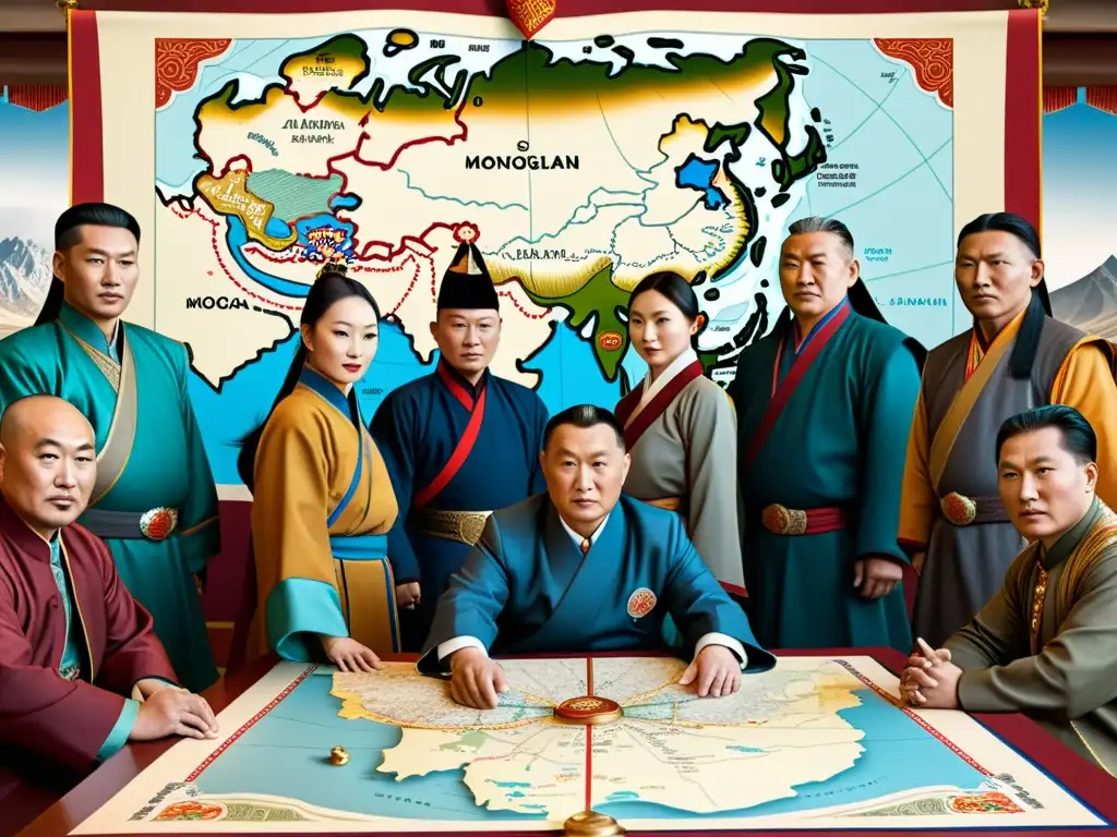 Formación de líderes del Imperio Mongol discutiendo estrategias alrededor de un mapa detallado