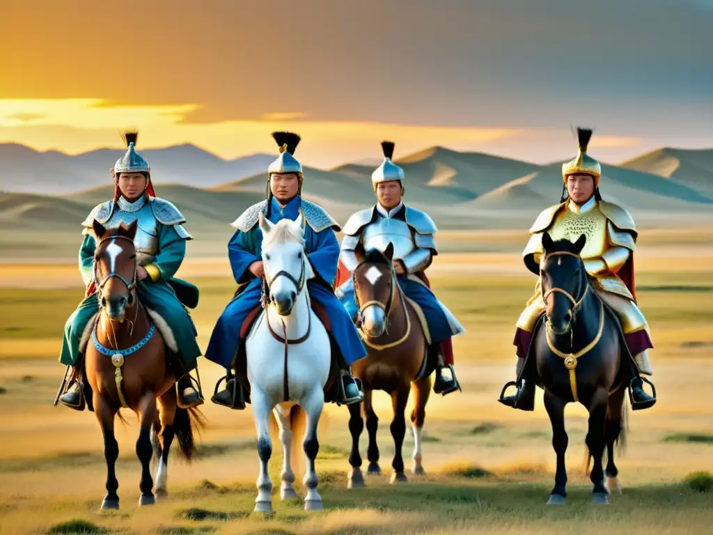 Formación de líderes del Imperio Mongol en la vasta estepa, estrategizando con determinación y sabiduría bajo la cálida luz del atardecer