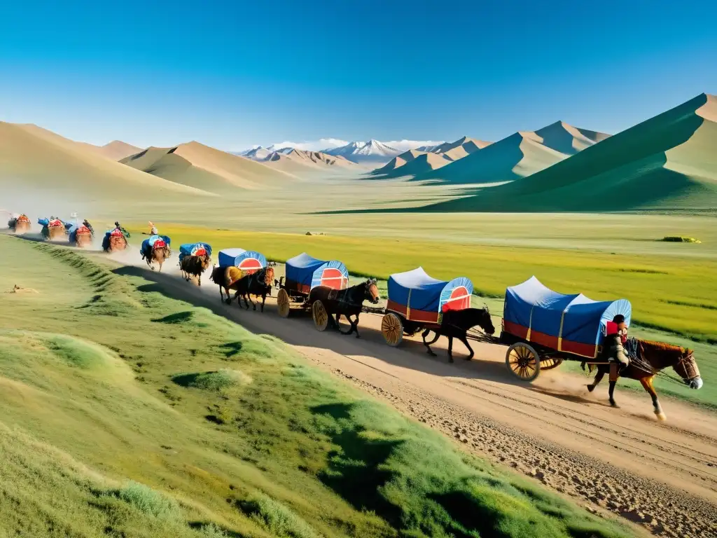 Logística militar del Imperio Mongol: Caravanas de suministros y guerreros montados recorren el vasto paisaje mongol bajo un cielo azul