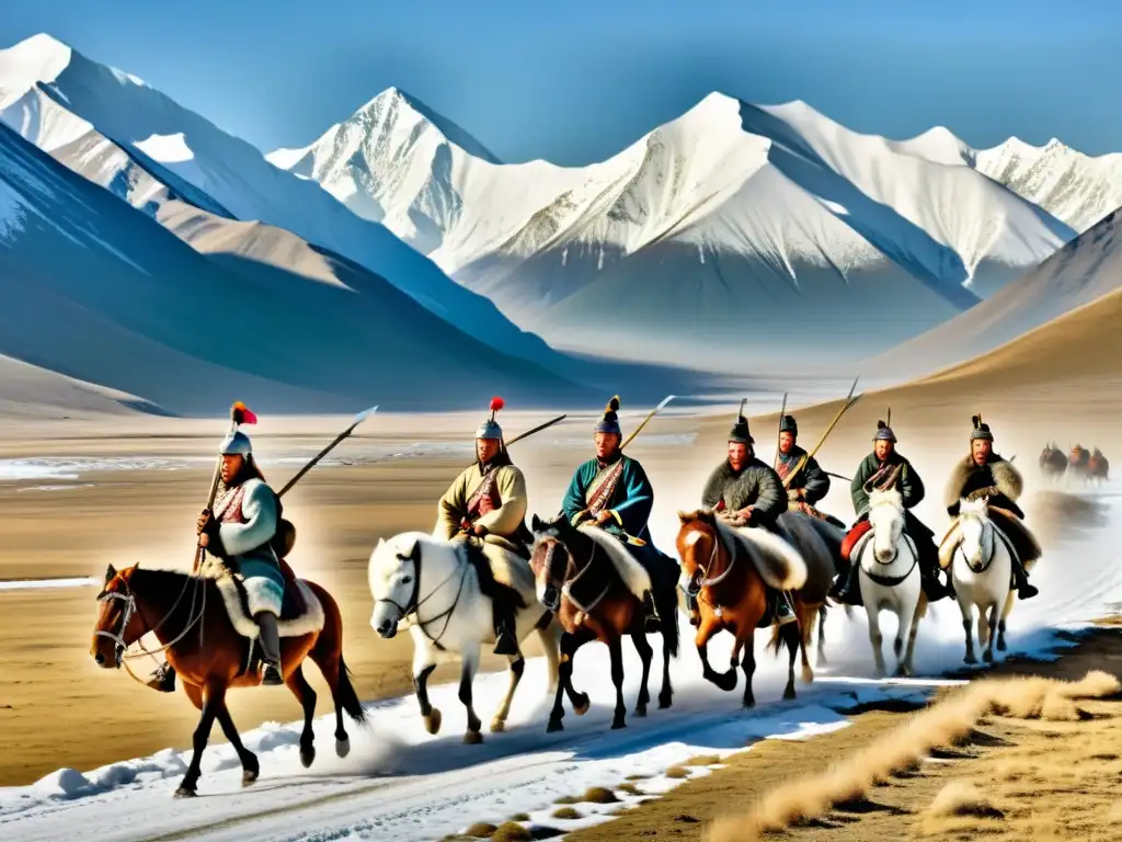 Logística militar del Imperio Mongol: Soldados y animales en paisaje montañoso, realismo impresionante