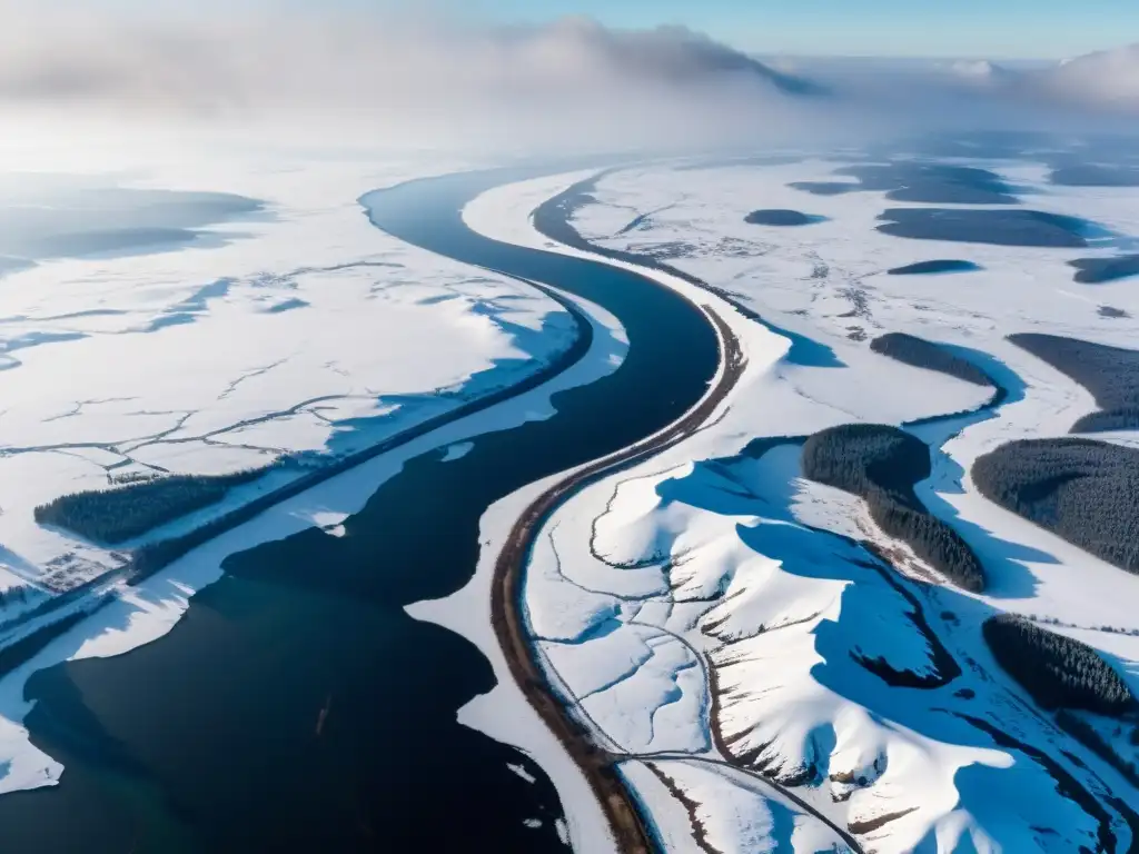 Logística militar del Imperio Mongol: Fotografía aérea de paisaje nevado y montañoso en Rusia medieval, con río serpenteante y bosques densos