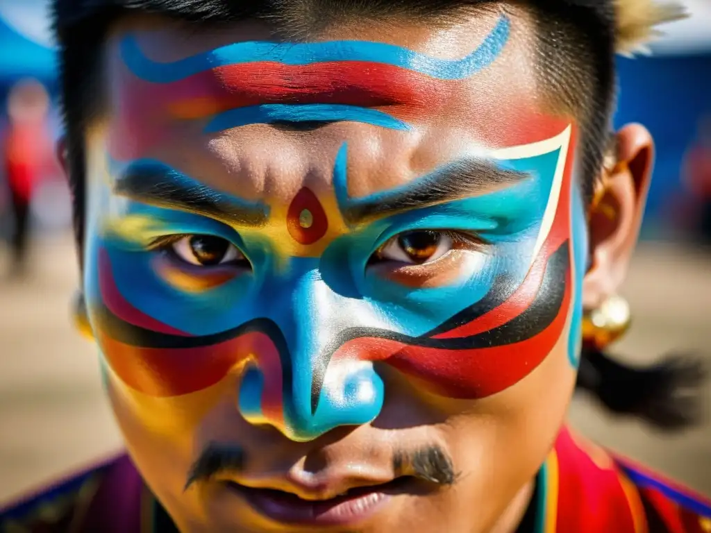 Un luchador mongol se prepara para el Festival Naadam, mostrando pintura facial detallada y colores vibrantes que reflejan la tradición y modernidad