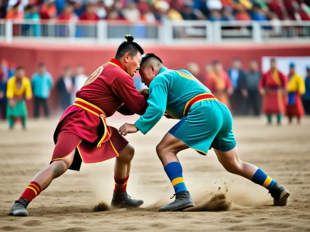 Dos luchadores mongoles compiten en el Festival Naadam, mostrando fuerza y tradición