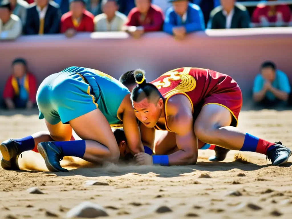 Dos luchadores mongoles en plena acción en el festival Naadam, con trajes tradicionales y una atmósfera cargada de energía y emoción