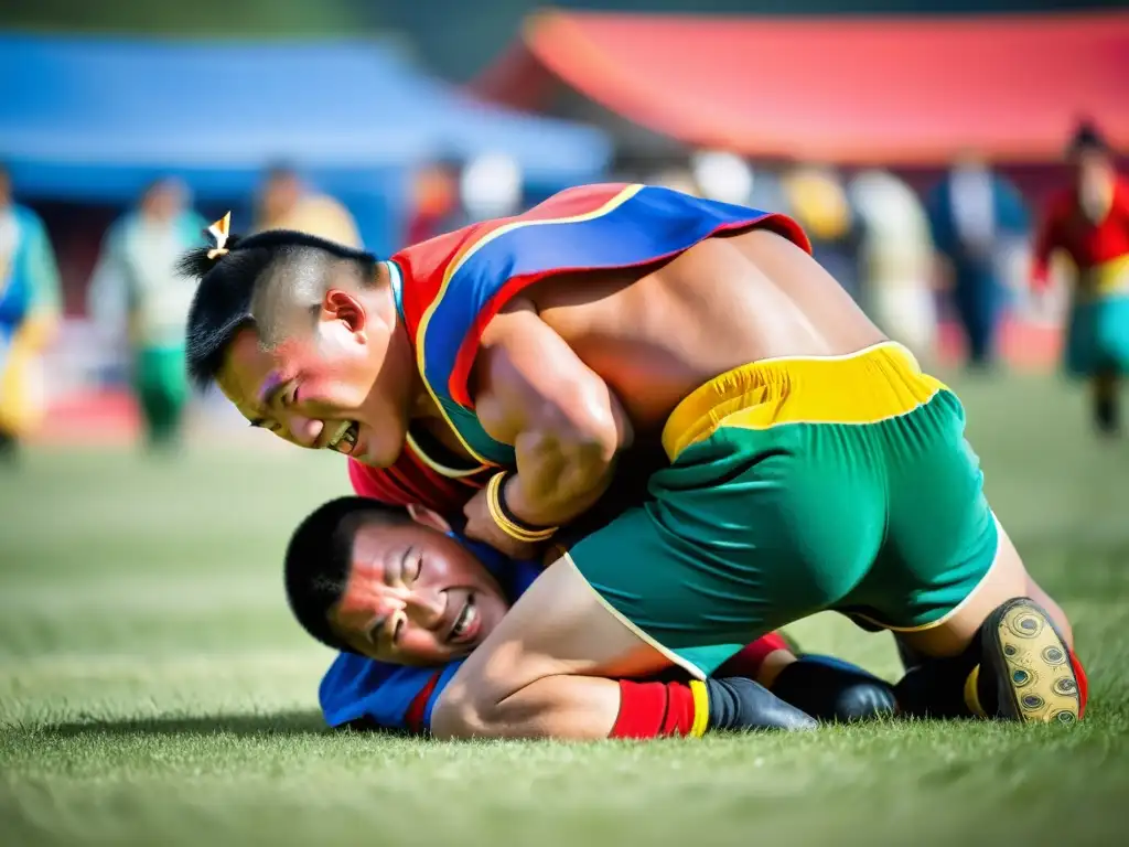 Dos luchadores mongoles en pleno combate en el Festival Naadam de Mongolia, mostrando la fuerza y la tradición cultural de este evento