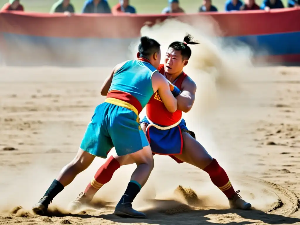 Dos luchadores de Mongolia en atuendos tradicionales compiten en un intenso abrazo, rodeados de espectadores y paisaje mongol