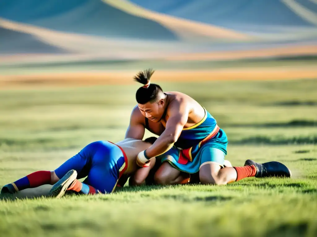 Dos luchadores mongolos se enfrentan en el campo, rodeados de espectadores y la vasta belleza de Mongolia