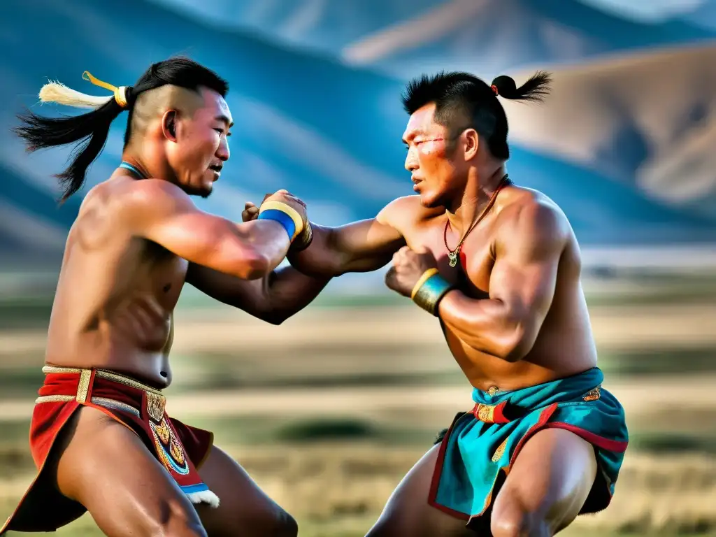 Dos luchadores nómadas mongoles en un intenso juego de lucha a caballo, mostrando la fuerza y la tradición de los Juegos nómadas cultura Mongola