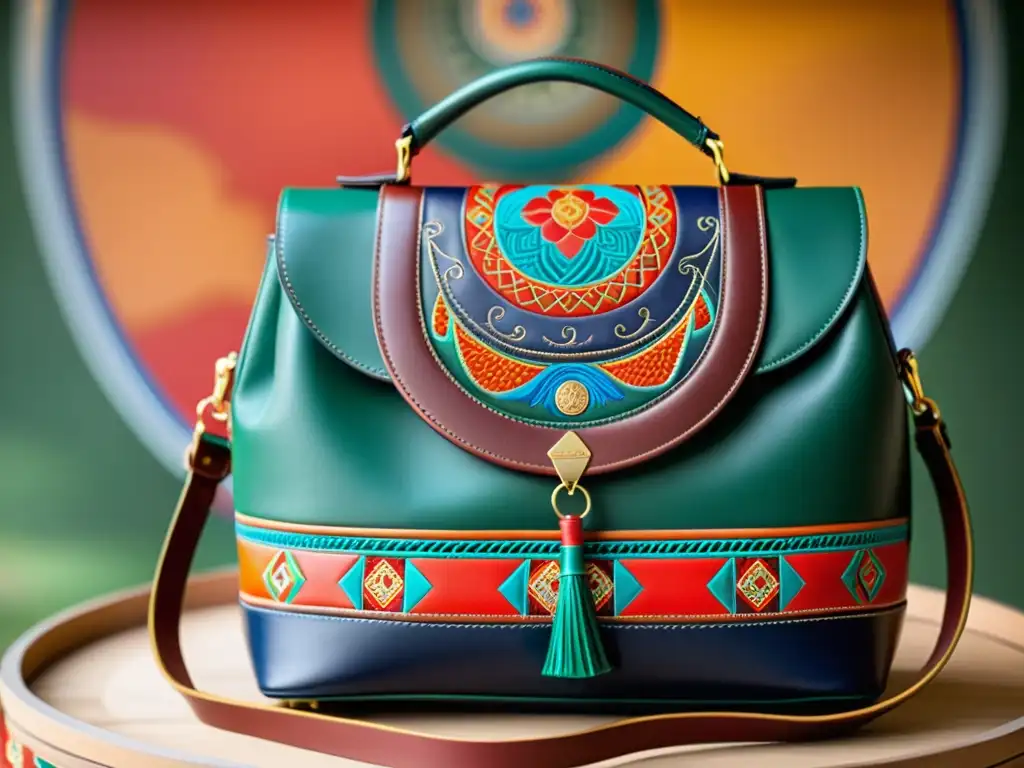 Un lujoso bolso con diseños tradicionales mongoles, destacando la cultura en diseño bolsos en un entorno de yurta