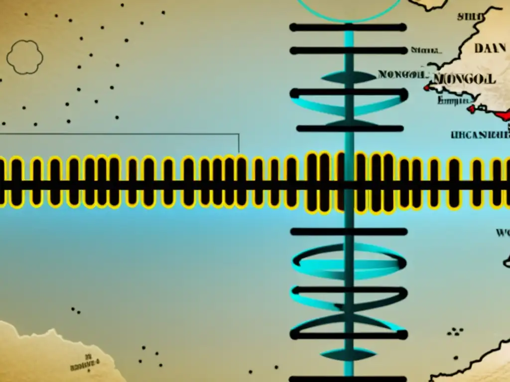 Un macro primer plano de una doble hélice de ADN revela los marcadores genéticos del Imperio Mongol, junto con un mapa de su expansión