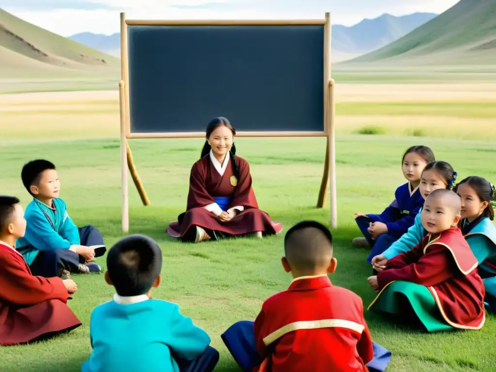 Maestra enseñando a niños mongoles sobre el sistema educativo Mongolia historia en la vasta estepa, con yaks al fondo