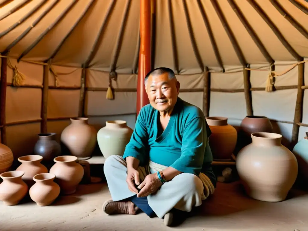 Maestro ceramista mongol moldea con maestría una delicada vasija de arcilla, rodeado de exquisita cerámica mongola y su rica herencia cultural