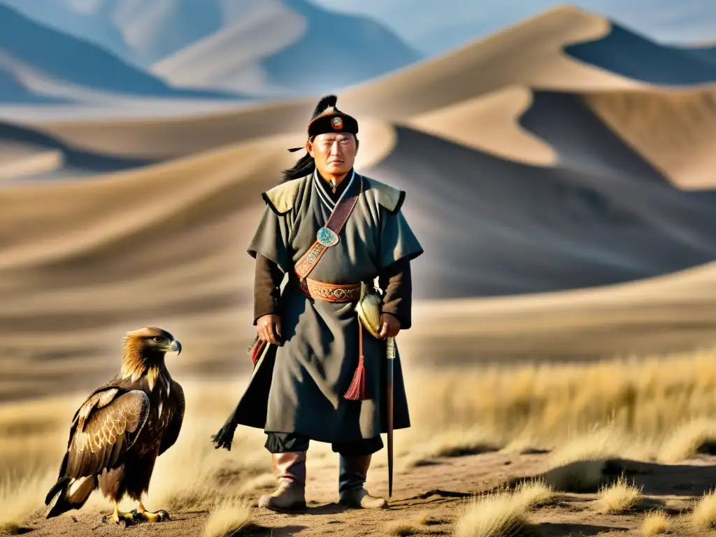 Un maestro cetrero mongol, con su águila dorada, en las vastas estepas de Mongolia, representando la cetrería mongola en Medio Oriente