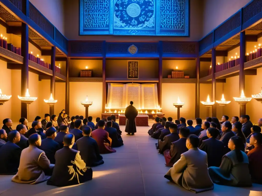 Un maestro enseña a académicos sobre el Imperio Mongol en una majestuosa sala iluminada por velas