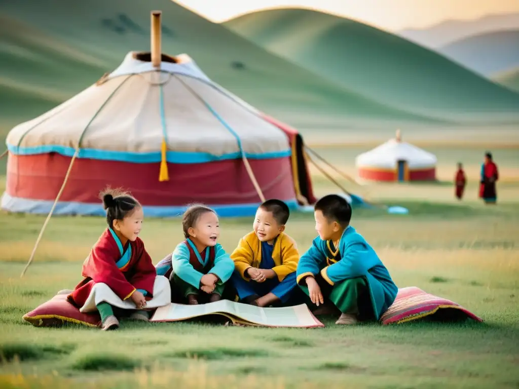 Maestro enseña a niños nómadas mongoles con un mapa en la estepa