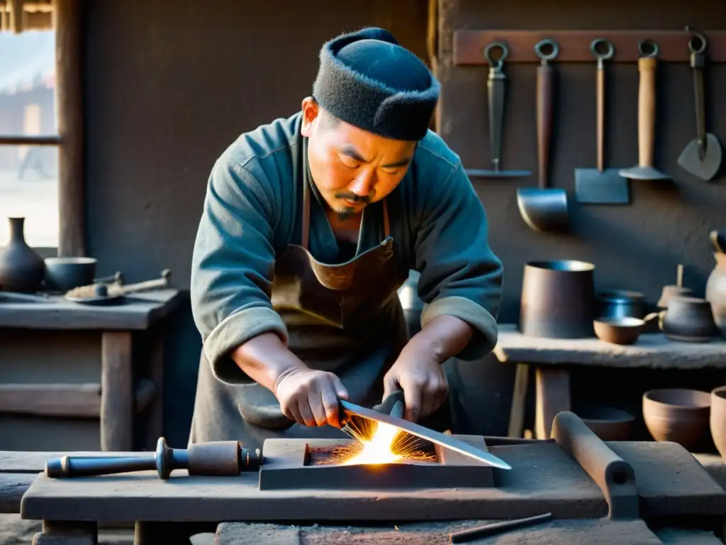 Un maestro herrero mongol trabajando meticulosamente en una pieza de metal detallada en su taller