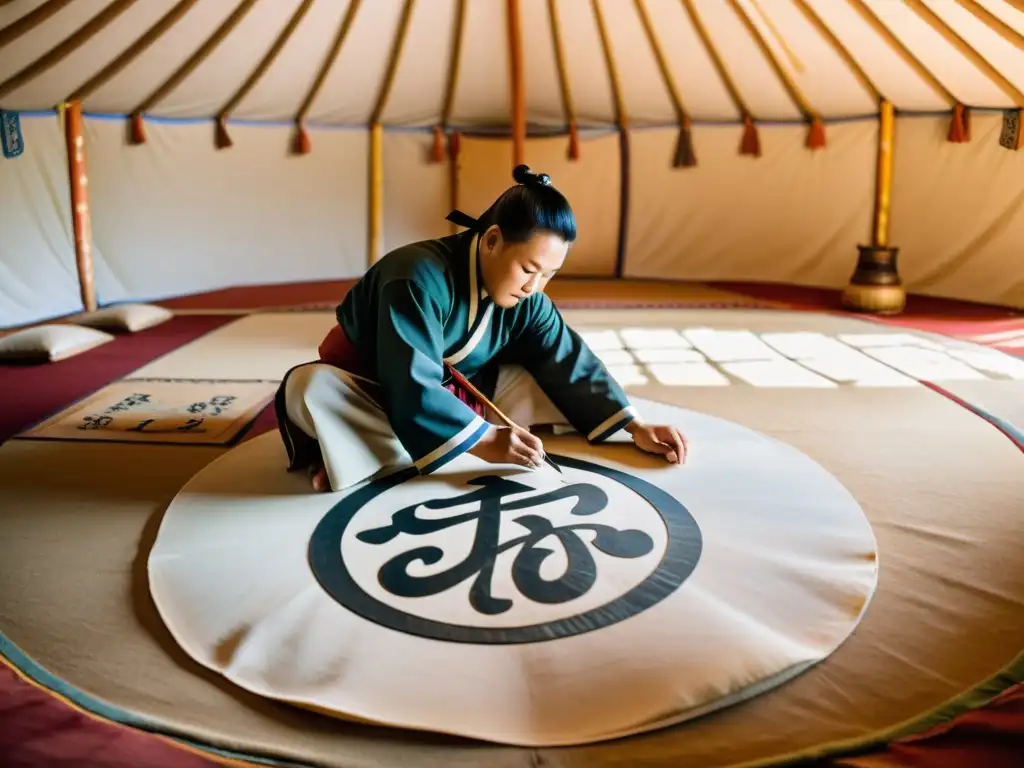 Un maestro calígrafo mongol trabaja con elegancia en una yurta, iluminado por la luz natural