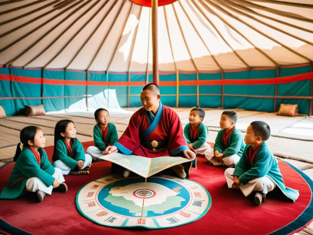 Maestro mongol enseña historia del Imperio a jóvenes estudiantes en una yurta iluminada por el sol