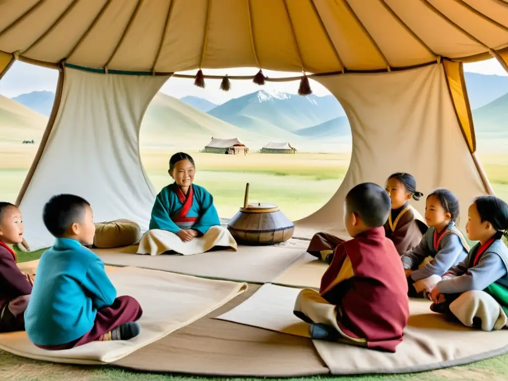 Un maestro nómada enseña a niños mongolos alrededor de una yurta en las extensas praderas de Mongolia