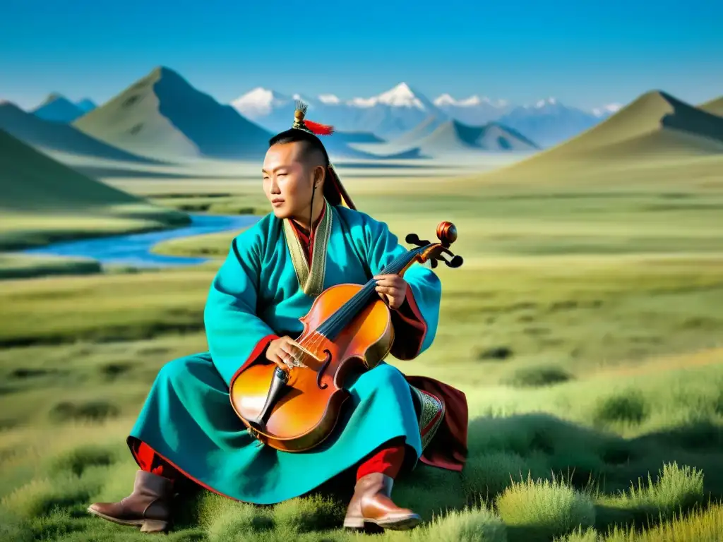 Magia de la música mongola en la estepa, músicos tradicionales, paisaje vasto y cielo azul