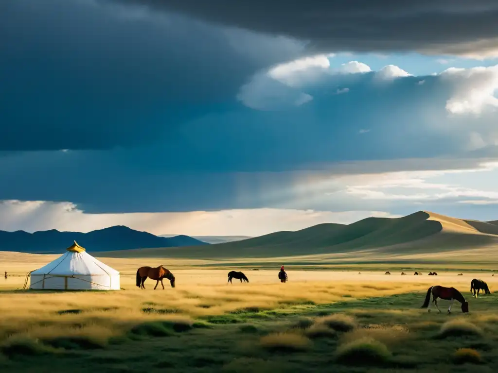 La majestuosa estepa mongola bajo un cielo dramático evoca la transformación de Gengis Khan en un paisaje atemporal