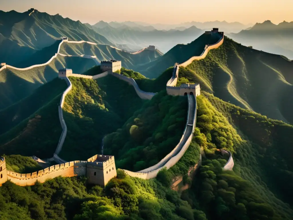 La majestuosa Gran Muralla China serpentea entre montañas, iluminada por el suave resplandor del sol poniente