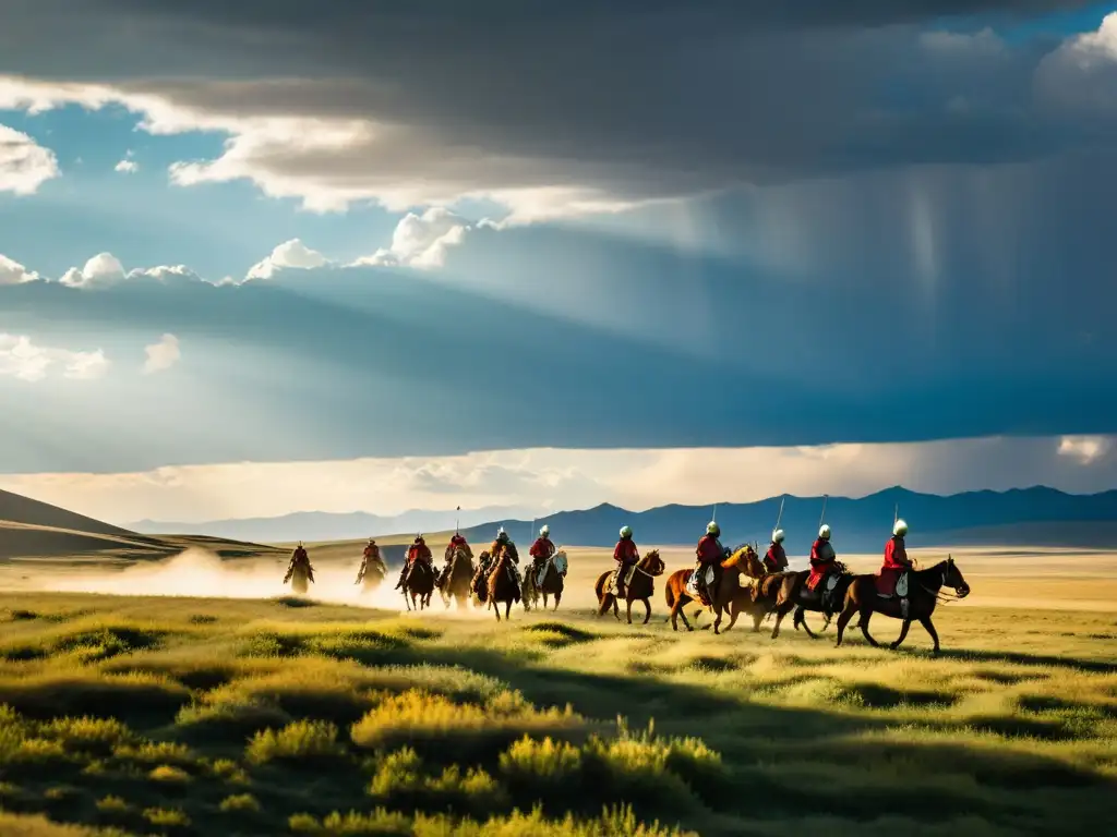 Majestuosa estepa mongola con guerreros a caballo, evocando la mentalidad guerrera mongola