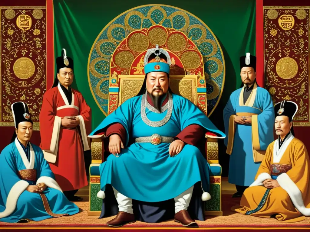 Una majestuosa pintura detallada de Kublai Khan y su corte, mostrando la transformación del Imperio Mongol en toda su grandeza y poder