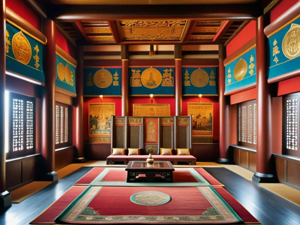 La majestuosa sala del Gran Salón del Imperio Mongol, llena de dignatarios y guerreros, rindiendo homenaje a Möngke Khan en su trono