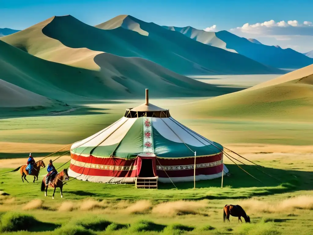 Una majestuosa yurta mongola en la vasta estepa, corte de Genghis Khan