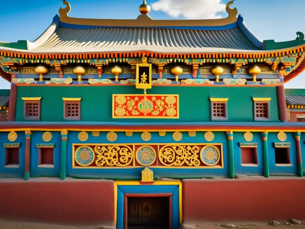 Explora la majestuosidad del Monasterio Erdene Zuu en Mongolia, con sus detalladas paredes adornadas con arte tradicional y visitantes que le dan vida