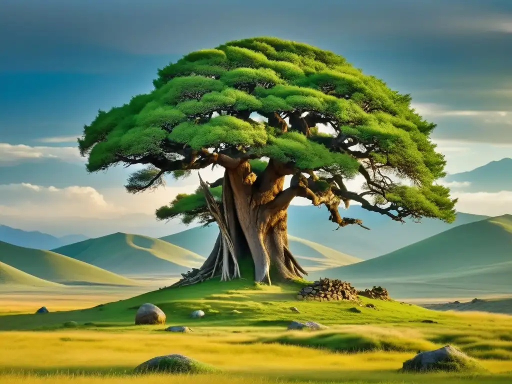 El majestuoso Árbol del Mundo se alza en las praderas de Mongolia, en armonía con la naturaleza y la cosmovisión mongola