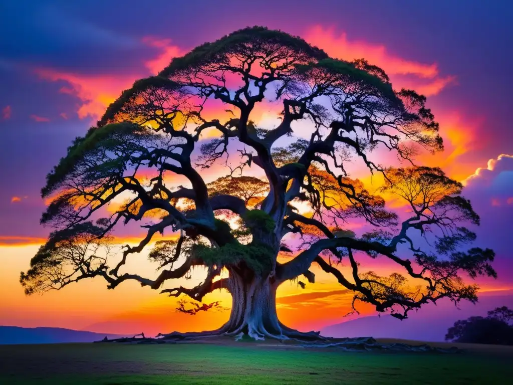 Un majestuoso árbol del mundo, símbolo de fortaleza en la cosmovisión mongola, se yergue contra un vibrante atardecer