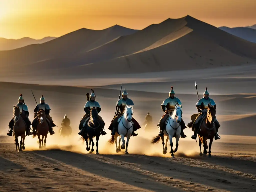 Majestuoso atardecer sobre la estepa, guerreros mongoles a caballo, avance del imperio Khwarezmiano por los mongoles