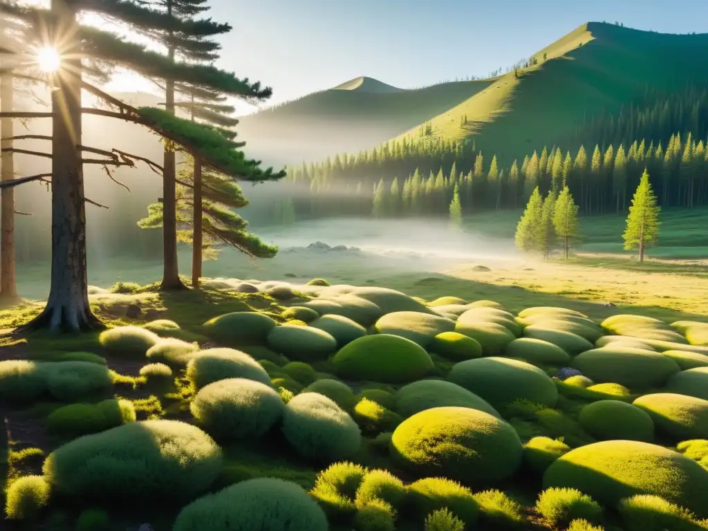 Majestuoso bosque antiguo en Mongolia con rangers, reflejando el legado del manejo de bosques por Mongol