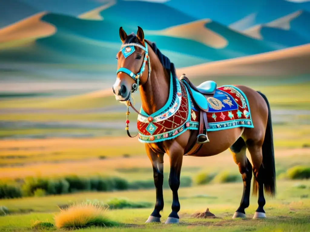 Un majestuoso caballo mongol adornado con intrincadas decoraciones tradicionales, reflejando la rica cultura y arte de Mongolia