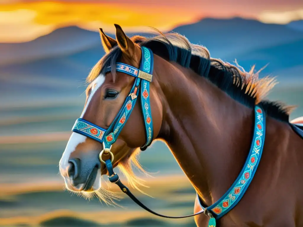 Un majestuoso caballo mongol adornado con colores vibrantes y patrones intrincados, reflejo de la rica cultura de decoración de caballos en Mongolia