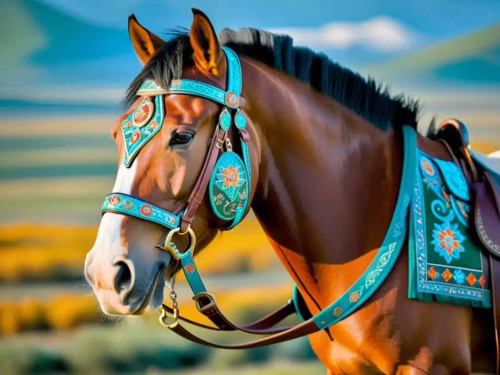 Un majestuoso caballo mongol decorado con patrones florales y colores vibrantes, reflejando la rica cultura de la decoración de caballos en Mongolia