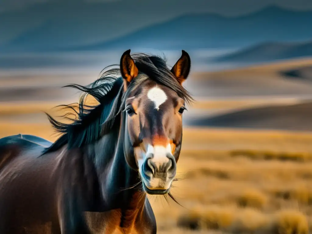 Un majestuoso caballo mongol destaca en la inmensidad de la estepa