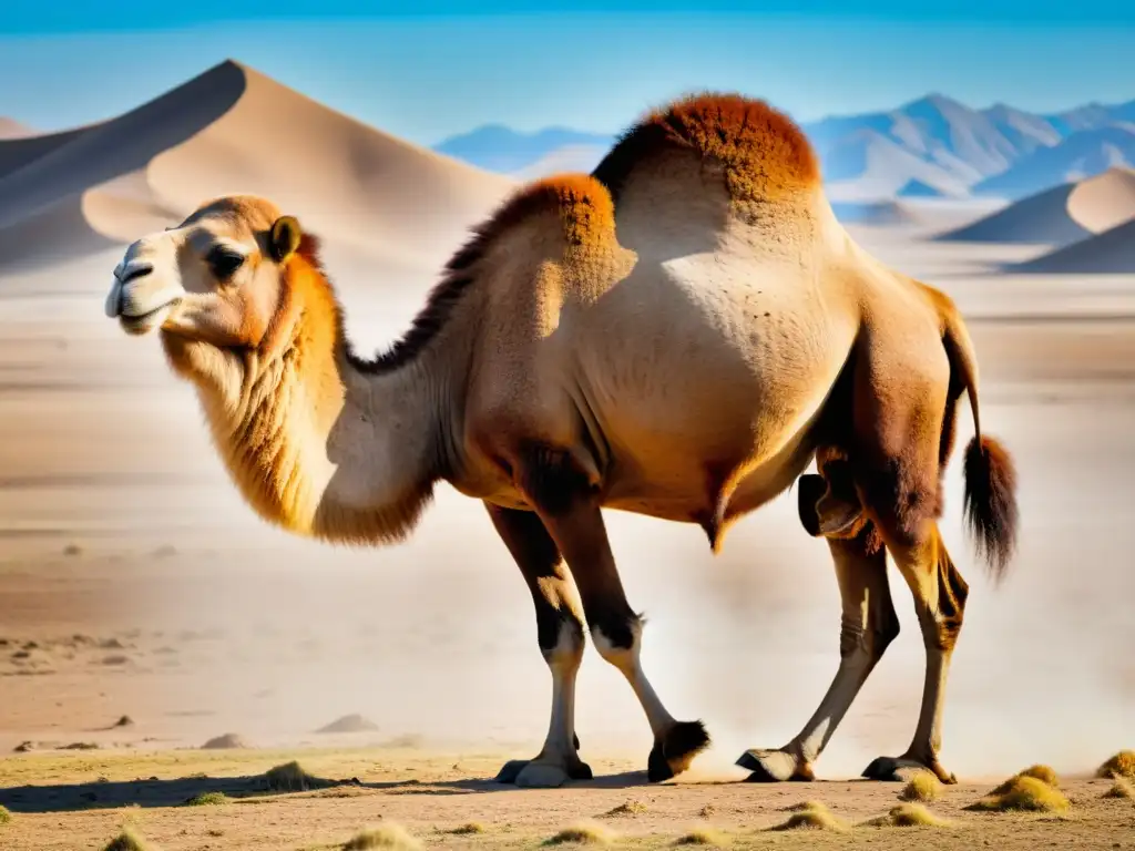 Un majestuoso camello bactriano de doble joroba destaca en el desierto mongol, junto a pastores nómadas