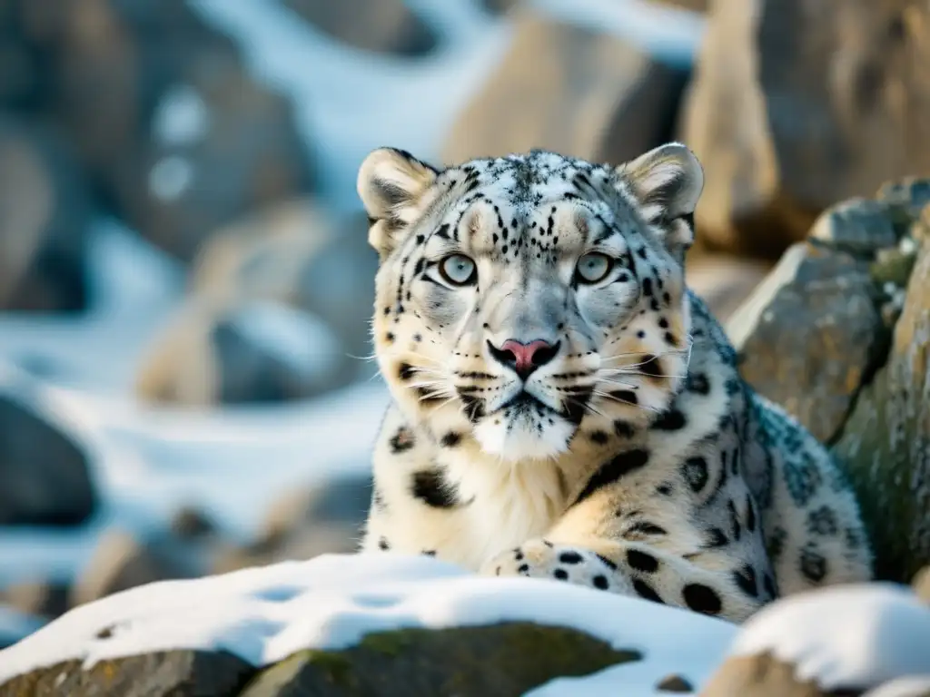 Un majestuoso leopardo de las nieves camuflado en las montañas de Mongolia