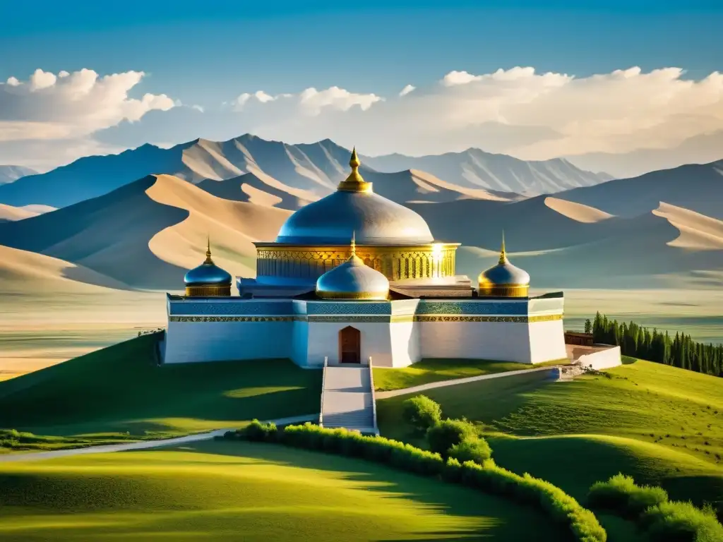 Majestuoso mausoleo de Genghis Khan en Mongolia, rodeado de colinas, historia y luz cálida