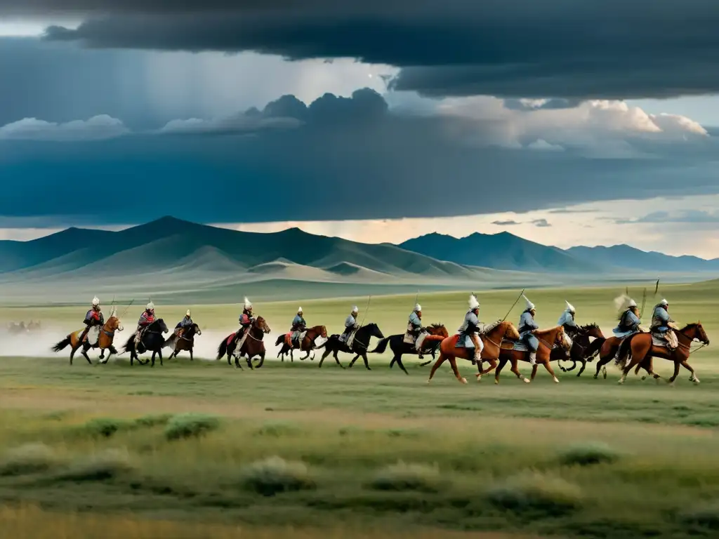 Majestuoso paisaje de la estepa mongola con guerreros a caballo, transmitiendo la imponencia de las estrategias militares mongolas en cine