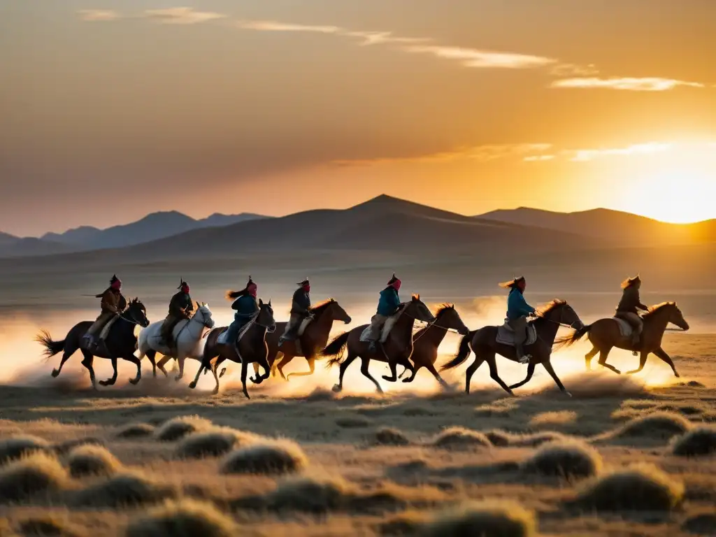 Manada de caballos mongoles galopando en la estepa dorada al atardecer, resaltando la importancia de los caballos mongoles en su entorno natural