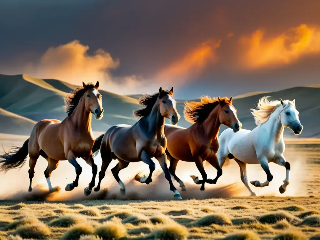 Manada de caballos mongoles galopando libremente en una llanura al atardecer, destacando la importancia de los caballos en el Imperio Mongol