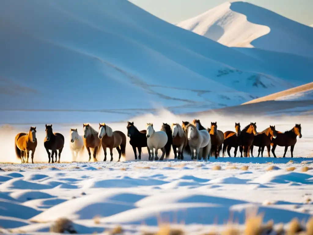 Manada de caballos Mongolos en la estepa nevada, iluminados por la suave luz dorada del atardecer