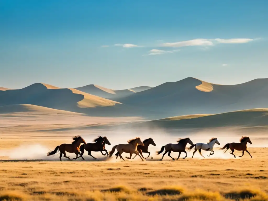 Manada de caballos salvajes galopando en la estepa mongola, con ruinas del Imperio Mongol al fondo