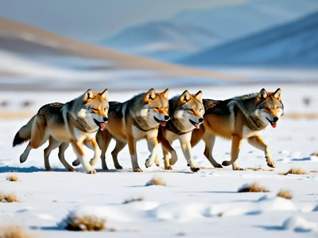 Manada de lobos mongolos majestuosos en la vasta estepa invernal, reflejando la cultura mongola y mitos lobos